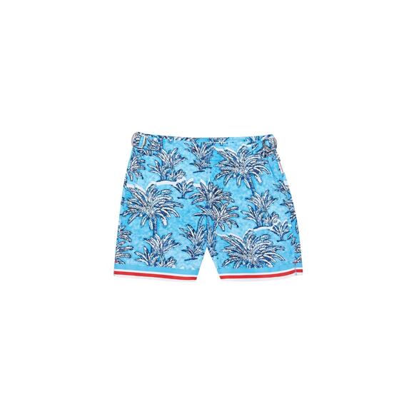 NEW ORLEBAR BROWN boy's beachwear russell palm border shorts in bright wish blue